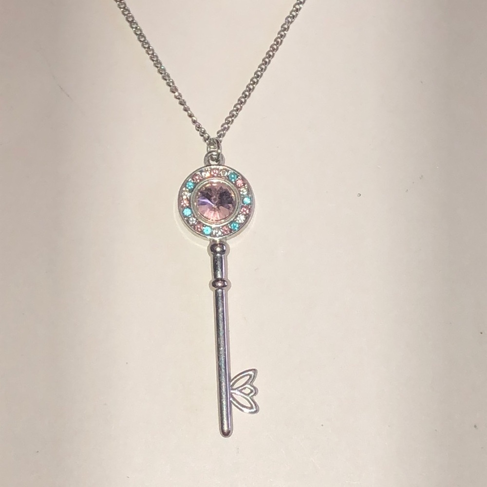 Silver Tone Key Pendant Necklace with Pink and Aqua Crystals